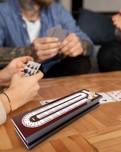 Wooden Cribbage Board Game Set with Cards & Metal Pegs – Foldable 3 Track Cribbage Board with Magnetic Lock, Large Storage Area – Travel Portable Cribbage Game for Adults & Family