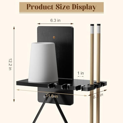 Black Wall Mounted Cone Chalk Holder,Wood Pool Cue Rack with 5-Slot Metal Rubber Clamps,Wall Mount Billiard Accessories for Home, Bar, Game Room & Pool Club