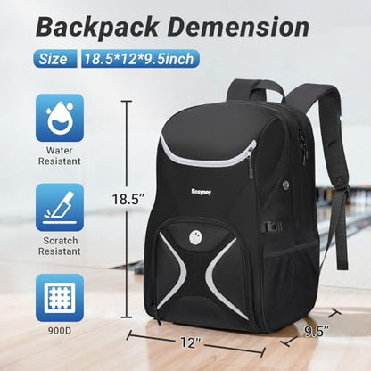 Bosynoy Bowling Ball Bag, Bowling Backpack for Single Ball with Shoe Compartment, Bowling Bag Totes Fits Shoes Up to US Mens Size 16 with Padded Holder, Black