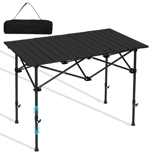 SHANQUAN Folding Camping Table, 46.5 × 21.7 Inches Portable Camp Table Aluminum Fold Up Lightweight Roll Up Table Adjustable Height with Carry Bag for Camping, Picnic, Backyard, BBQ, Patio, Black - size: 47.2*26.8 inch