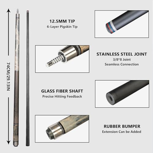 Glass Fiber Pool Cue with Case Canadian Maple Wood Pool Stick Low Deflection Cue Stick Pool Cue Kit with Case,Gloves,Tips and Extension - color: Grey