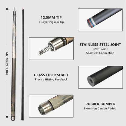 Glass Fiber Pool Cue with Case Canadian Maple Wood Pool Stick Low Deflection Cue Stick Pool Cue Kit with Case,Gloves,Tips and Extension - color: Grey