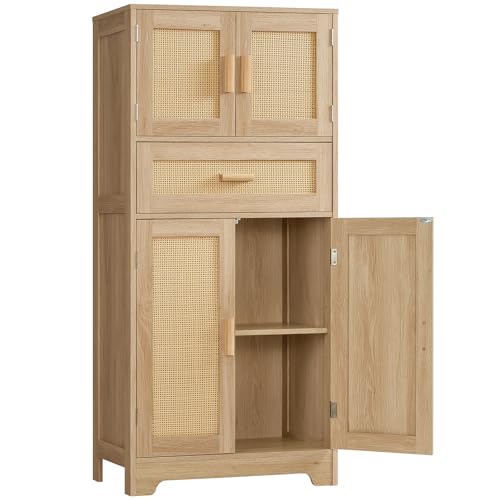 TEENFON 47.2" H Tall Storage Cabinet with Adjustable Shelf, Rattan Cabinet, Cupboard for Living Room, Dining Room, Entryway, Home Office, Natural - color: Natural