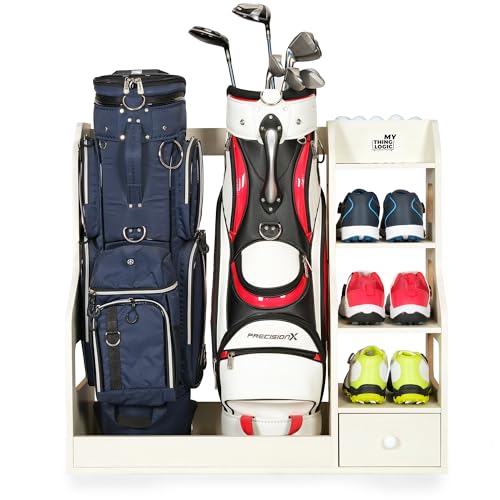 Mythinglogic Wooden Golf Bag Storage Rack, Golf Organizer with Shoe Shelves, Ball Holder & Drawer, MDF Golf Equipment Storage Cabinet for Home, Garage or Simulator Room - size: 2 golf bag rack-White