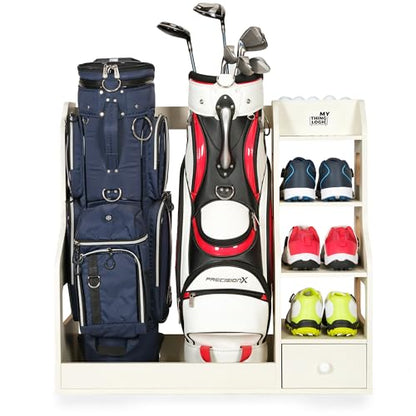 Mythinglogic Wooden Golf Bag Storage Rack, Golf Organizer with Shoe Shelves, Ball Holder & Drawer, MDF Golf Equipment Storage Cabinet for Home, Garage or Simulator Room - size: 2 golf bag rack-White