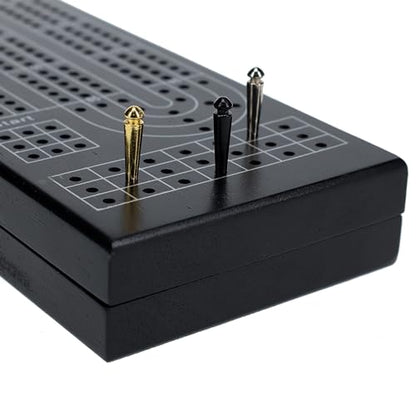 Pacific Shore Games Wooden Cribbage Board Game Set, Black Stained Continuous 3 Track for 2-3 Players with Card Storage - color: Black