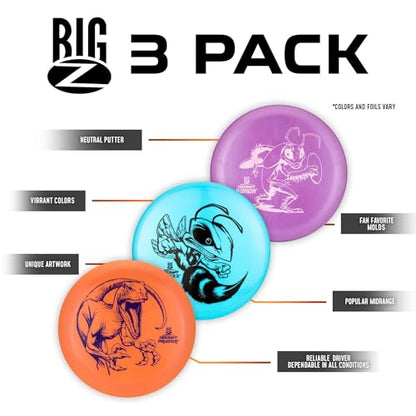 Discraft Big Z Three Pack - Designed for All Skill Levels | Including – Putter, Midrange, Driver | Disc Color & Foil Will Vary | Durable | Colorful