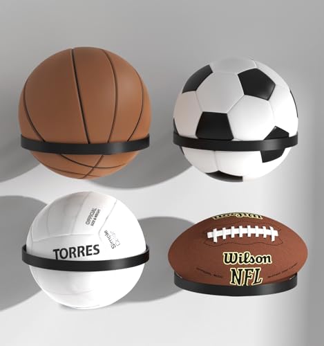 Garage Ball Storage Rack - Wall Mounted Ball Holder with Elastic Cords, Large Capacity Sports Organizer for Basketball, Soccer, Football, Volleyball, Black - color: Metal Black-4 Packs