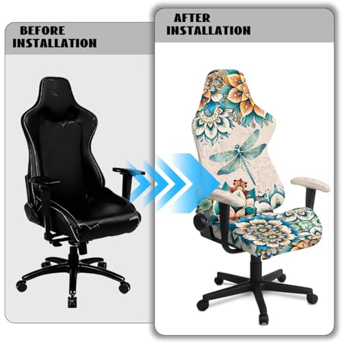 Dragonfly Print Gaming Chair Covers Slipcovers 4Pcs with Armrest Cover Boho Mandala Flower Print Gamer Desk Chair Covers Easy to Install Home Decorations - color: Brown - Dragonfly Boho Mandala Flower