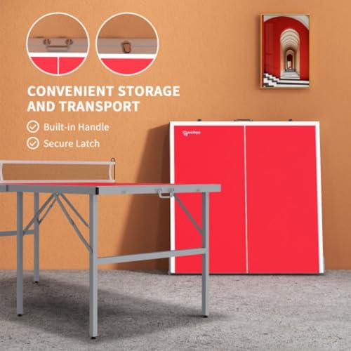 Mini Table Tennis Set, Foldable Table Tennis Table, Children's Table Tennis Table, Suitable for Indoor and Outdoor Use, with Net, 2 Rackets, 3 Balls, Adjustable Feet, Easy to Assemble, Red