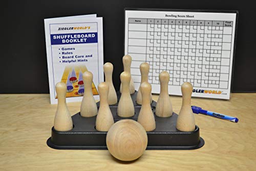 Zieglerworld Table Shuffleboard Bowling Brown Pins - Pinsetter - Rules Booklet - Score Chart - Carrier Bag & Wood Ball
