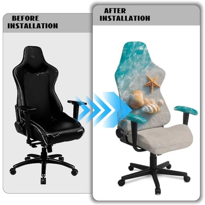 Suobstales Beach Starfish Seashell Conch Pattern Universal Gaming Chair Cover with Armrest Covers, Stretchable Non-Slip Fabric Gaming Chair Protector for Reclining, Swivel & Boss Chairs - color: Beach Starfish Seashell Conch