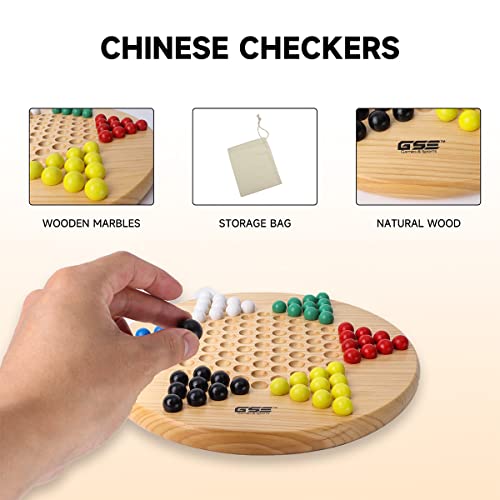 GSE Games & Sports Expert 11.5" Natural Wood Chinese Checkers Board Game Set with Wooden Colorful Marbles, Classic Strategy Family Board Game for Kids & Adults