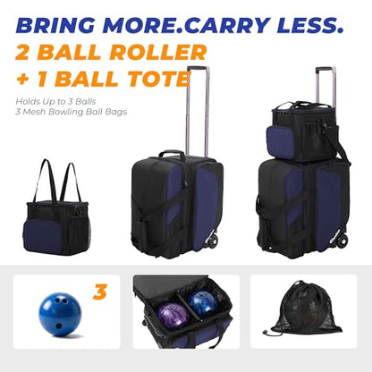 Bowling Roller Bag with Wheels, Rolling Bowling Ball Bag with Shoe Compartment, Retractable Handle, EVA Dividers - color: Blue, size: Bowling Bag Set
