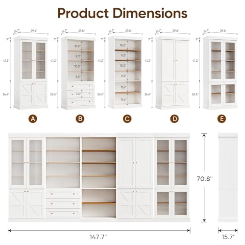 Vyre 70.8" Tall White Bookshelf with Glass Doors, Farmhouse Modular Bookcase with 6-Tier Adjustable Shelves, Large Storage Cabinet for Home Office, Living Room, Set of 2 - color: White