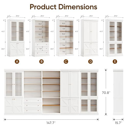 Vyre 70.8" Tall White Bookshelf with Glass Doors, Farmhouse Modular Bookcase with 6-Tier Adjustable Shelves, Large Storage Cabinet for Home Office, Living Room, Set of 2 - color: White