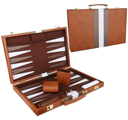 Backgammon Set - Classic Board Game with Premium Leather Case - Portable Travel Strategy Backgammon Game Set for Adults, Kids - Suitable as (15inch, Brown) - color: Brown, style: 15inch
