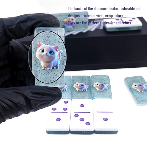 IDTQ Blue Cat-Themed Dominoes Set for Adults - Double 6 Dominoes 28 Tiles with Adorable Cat Illustration - Fun Family Board Game & Gift for Cat Lovers - color: Blue