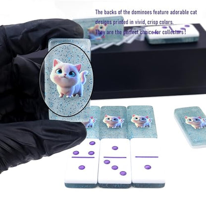 IDTQ Blue Cat-Themed Dominoes Set for Adults - Double 6 Dominoes 28 Tiles with Adorable Cat Illustration - Fun Family Board Game & Gift for Cat Lovers - color: Blue