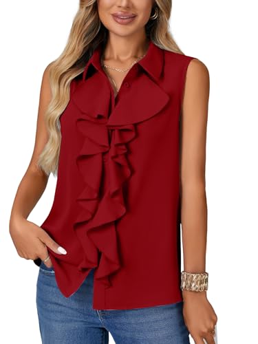 Vrtige Women's Summer Tank Top Button Down Ruffle Front Collar Neck Sleeveless Blouse Shirt Top - color: Wine Red, size: Large