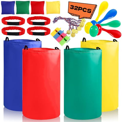 32 Pcs Outdoor Games Potato Sack Race Bags, Egg and Spoon Race Lawn Games, Outdoor Lawn Game for Adults, 3-Legged Race Bands for Outside Backyard Birthday Party Field Day Family