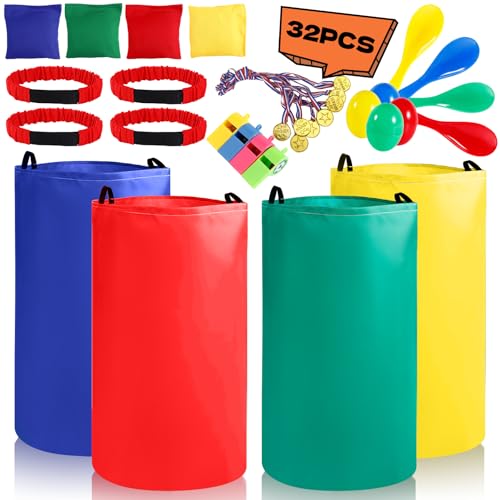 32 Pcs Outdoor Games Potato Sack Race Bags, Egg and Spoon Race Lawn Games, Outdoor Lawn Game for Adults, 3-Legged Race Bands for Outside Backyard Birthday Party Field Day Family
