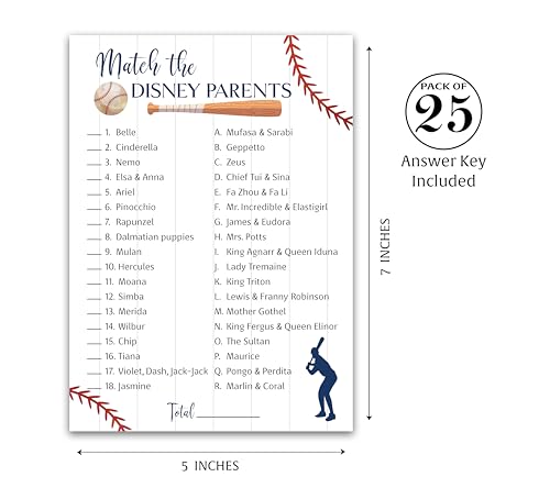 BASEBALL Baby Shower Games — CARTOON PARENT MATCH Baby Shower Game — Pack of 25 — Rustic Sports Theme Navy Blue BOY, Little Slugger Fun Match the Parents Couples Shower Activity G900-DPM