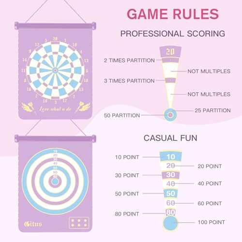 Gitus Magnetic Dart Board Outdoor Game for Teen Girls with 12 Darts, Toys Gifts for Teenage Girls Age 8 9 10 11 12 13 14 15 16 Teen Girl Room Bedroom Purple Decor