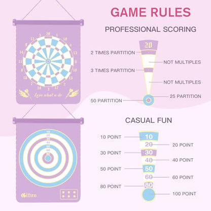 Gitus Magnetic Dart Board Outdoor Game for Teen Girls with 12 Darts, Toys Gifts for Teenage Girls Age 8 9 10 11 12 13 14 15 16 Teen Girl Room Bedroom Purple Decor