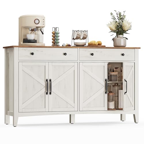 VASAGLE LIRY Collection - Buffet Cabinet, Coffee Bar Cabinet with 2 Drawers, Adjustable Shelves, Sideboard Storage with Cable Holes, Drawer Dividers, Rustic White and Honey Brown UBBK381WJ01S - color: Rustic White + Honey Brown, size: 2 Drawers + 4 Doors