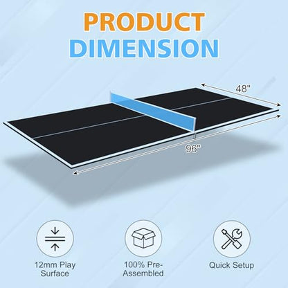 8ft Black Mid Size Ping Pong Conversion Top Foldable Portable Table Tennis Table Top for Indoor Games