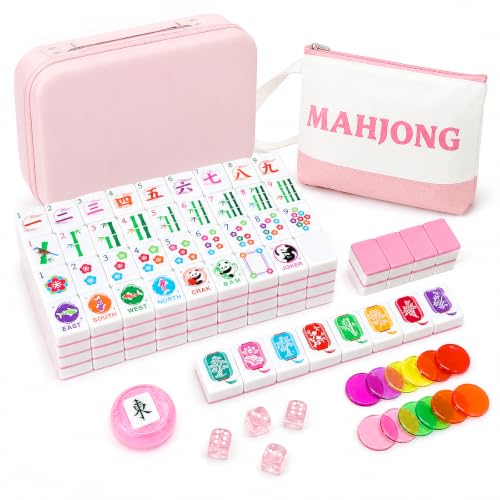 KOLIN American Mahjong Tile Set, 160 Engraved Melamine Mah Jongg Tiles, Pink Back 1.2 Inch Numbered Tiles with Carrying Case, Shuffler, Bag, Dice, Bettor & Chips, No Racks Included