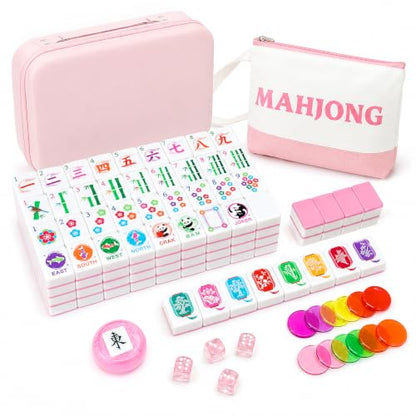 KOLIN American Mahjong Tile Set, 160 Engraved Melamine Mah Jongg Tiles, Pink Back 1.2 Inch Numbered Tiles with Carrying Case, Shuffler, Bag, Dice, Bettor & Chips, No Racks Included