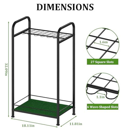 Golf Club Holder Stand Metal Golf Club Rack for 33 Clubs & Golf Balls, Golf Ball Holder Display with Artificial Turf Mat, Floor Standing Golf Storage Organizer for Home Garage Indoor Simulator