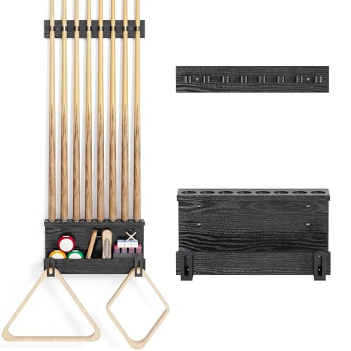 Wall Mount Pool Cue Holder – Hardwood Billiards Cue Rack for 8 Sticks, Pool Stick Wall Mount Storage Organizer, Pool Table Accessories for Wall, Cue Holder Wall Mount for Game Room Décor, Large Black - color: Black-L