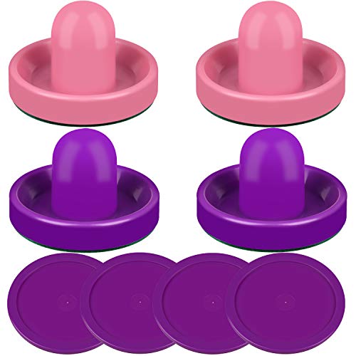 ONE250 Air Hockey Pushers and Red Air Hockey Pucks, Goal Handles Paddles Replacement Accessories for Game Tables (4 Striker, 4 Puck Pack) - color: Pink & Purple