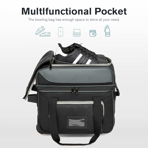 Bowling Ball Bag with Separate Shoe Compartment, Single Roller Bowling Bag with Wheels and Retractable Handle Extends to 37.0 Inches, Padded Foam Ball Insert, Gray (1 Ball Bowling)