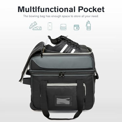 Bowling Ball Bag with Separate Shoe Compartment, Single Roller Bowling Bag with Wheels and Retractable Handle Extends to 37.0 Inches, Padded Foam Ball Insert, Gray (1 Ball Bowling)