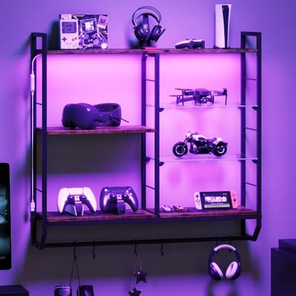 EYCOAL Gaming Floating Shelves, Wall Mounted Wooden Decor Display Shelf with 34" LED Lights and Adjustable Glass Bar Wine Shelf, Extra Hanging Hooks Storage for Gaming Room and Living Room