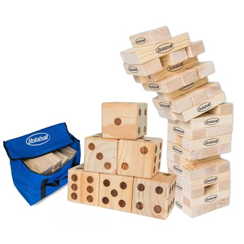 Bolaball Giant Wooden Dice Set & Extreme Fun Pack | Outdoor Games Bundle with 20+ Games, Durable Hardwood, Easy Storage Bag, Tumbling Blocks, Dominoes, Giant Dice | Perfect for BBQ, Beach, Family Fun