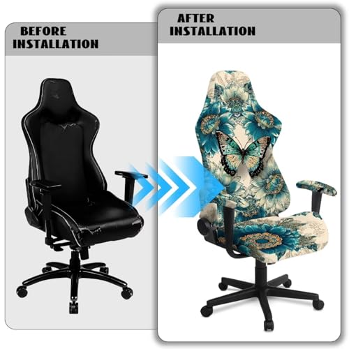 Suobstales Butterfly Flower Pattern Gaming Chair Covers with Armrest Covers Office Desk Chair Cover Computer Chair Cover Stretch Gamer Chair Slipcovers Cat Scratch Proof - color: Butterfly Flower