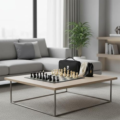 20-Inch Portable Folding Chess Set with Weighted Plastic Pieces, Double Queens & Carrying Bag – Ideal for Adults, Beginners, Camping, and Game Nights