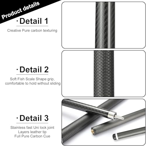 Carbon Fiber Pool Cue Stick 12.5mm Tip Billiard Carbon Fiber cue, Weight 20OZ Cue Stick, 58" Pool Table Sticks