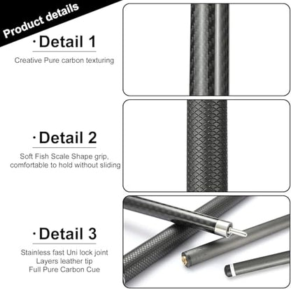 Carbon Fiber Pool Cue Stick 12.5mm Tip Billiard Carbon Fiber cue, Weight 20OZ Cue Stick, 58" Pool Table Sticks