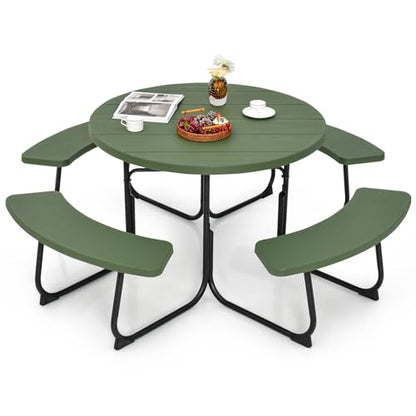 Tangkula 8 Person Picnic Table, Outdoor Round Picnic Table with 4 Built-in Benches, Umbrella Hole, Metal Frame & HDPE Tabletop, Outside Table and Bench Set for Backyard, 2300lbs Weight Capacity - color: Green