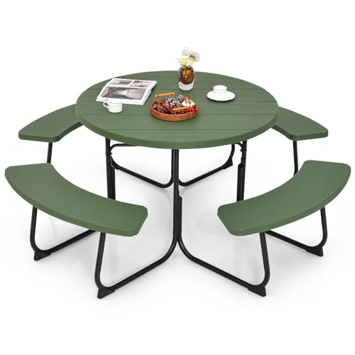Tangkula 8 Person Picnic Table, Outdoor Round Picnic Table with 4 Built-in Benches, Umbrella Hole, Metal Frame & HDPE Tabletop, Outside Table and Bench Set for Backyard, 2300lbs Weight Capacity - color: Green