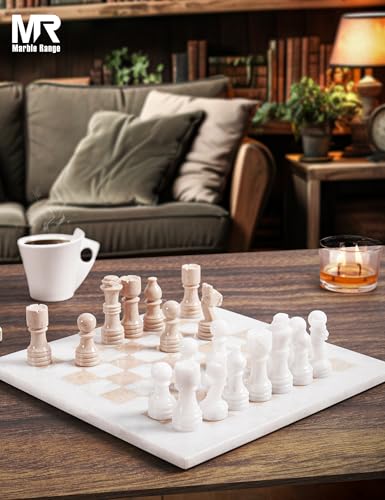 Marble Chess Set 12" Inches White and Verona with Storage Box and 2 Extra Queen Handmade Luxury Board Games for Adults, Ideal Chess Board Game & Marble Chess Set for Adults - color: White & Verona
