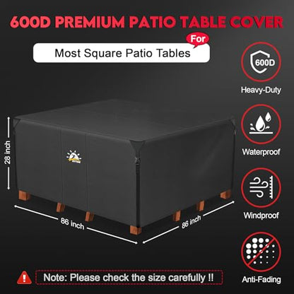 Zettum Patio Furniture Cover Square - 600D Outdoor Table Cover Waterproof & Heavy Duty, 86 Inch Large Lawn Furniture Set Covers for Outside Dining Table and Chairs Seating Combo - 86 x 86 x 28 Inch - size: 2) Square - 86"L x 86"W