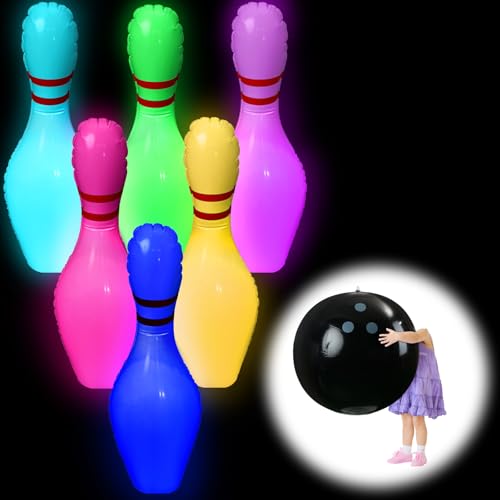 Poen 7 Pcs Glow in The Dark Giant Inflatable Bowling Set, Including 6 Pcs 27 Inches Bowling Pins and a 24 Inches Inflatable Ball Adults Outdoor Indoor Family Party - style: Glow in the Dark