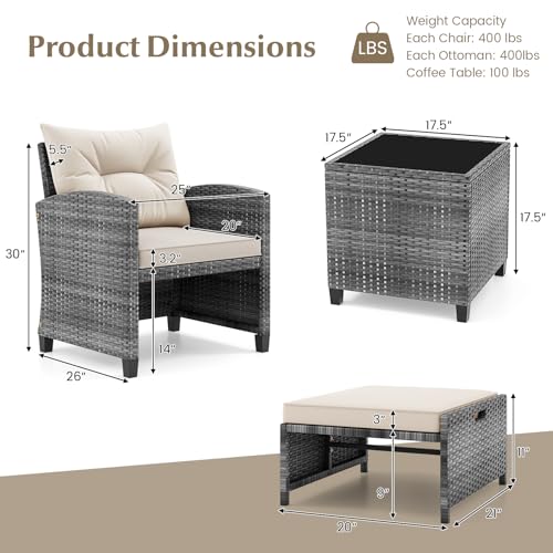 Tangkula 5 Pieces Patio Conversation Set, PE Wicker Rattan Outdoor Furniture Set with 2 Chairs, 2 Ottomans & Tempered Glass Coffee Table, Ideal for Poolside, Backyard, Lawn, Deck, Mix Grey & Off White - color: Mix Grey & Off White